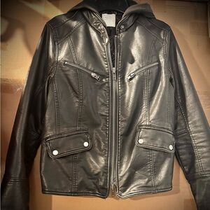 Black “Lucky Brand” Vegan Leather Jacket with detachable Hood.